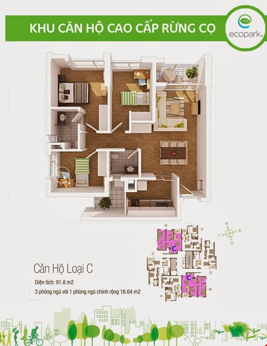 Bán 3 ngủ, 90m2 - chung cư Rừng Cọ , khu đô thị Ecopark - Giá 4 tỷ 575 bao sổ